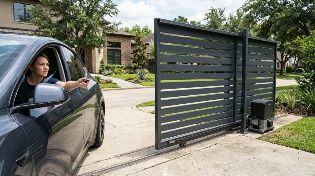 Automatic sliding gate opening at a Houston Texas residential driveway