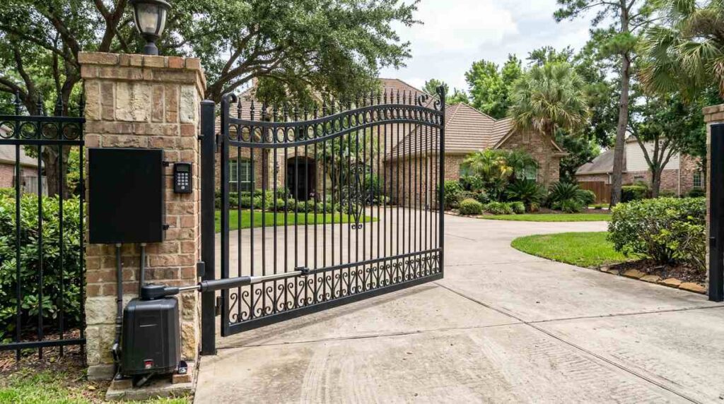 Automatic iron gate with electronic opener and keypad at a Houston Texas residential driveway