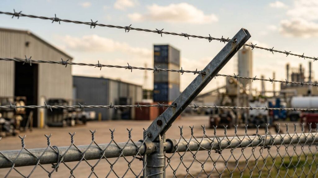 Barbed wire strands on top of a commercial chain link fence in Houston Texas
