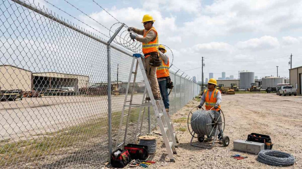 Crew installing barbed wire on a chain link fence at a Houston Texas industrial property
