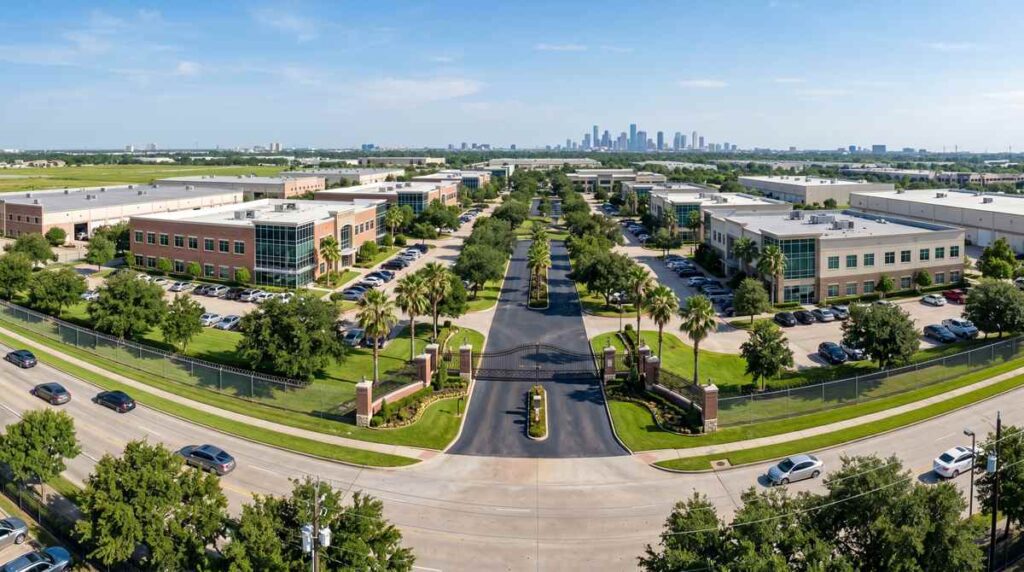 Houston Texas commercial property with professional iron and chain link fencing