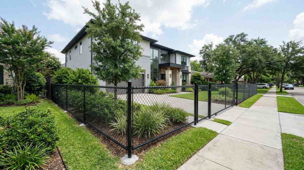 Modern black vinyl-coated chain link fence around a Houston Texas residential property