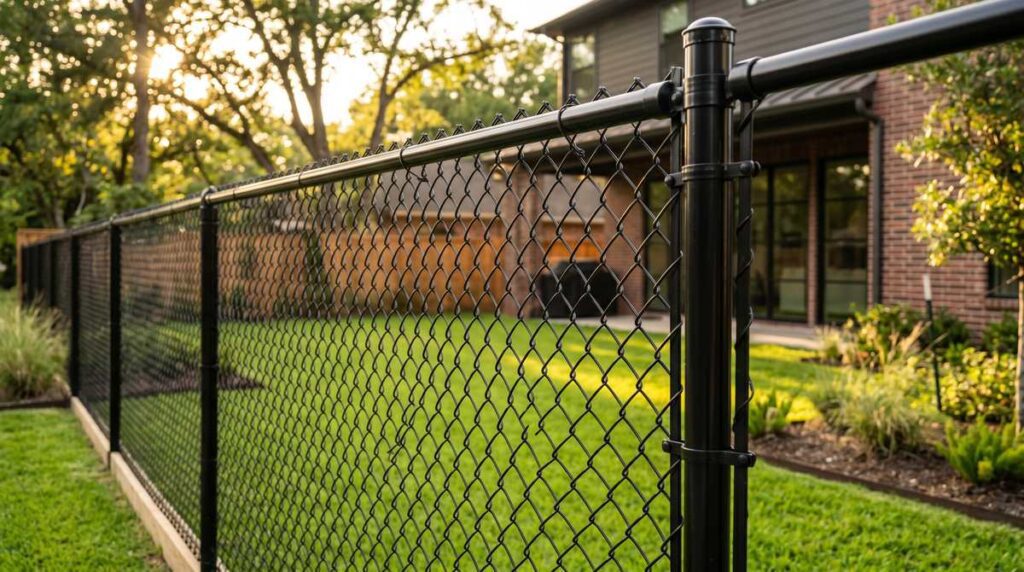 Black vinyl chain link fence in a modern Houston, TX yard