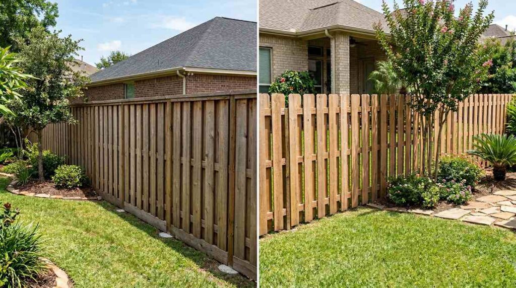 Board-on-board fence compared to shadow box fence style in Houston Texas
