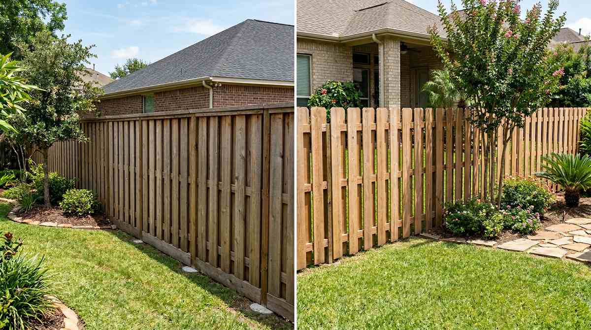 Board-on-board fence compared to shadow box fence style in Houston Texas