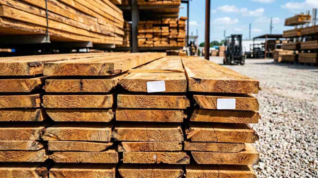 Western red cedar fence planks stacked at a Houston Texas lumber yard
