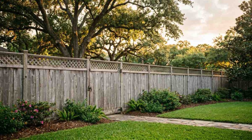 Aged cedar privacy fence with natural silver-gray weathering in a Houston Texas backyard