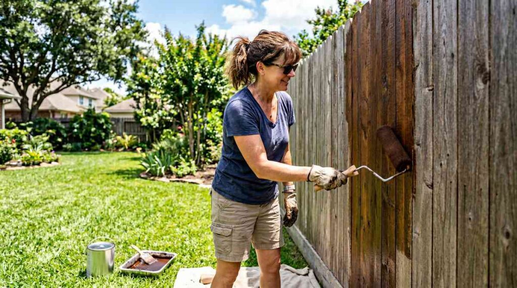 Homeowner staining a cedar privacy fence in a Houston Texas backyard