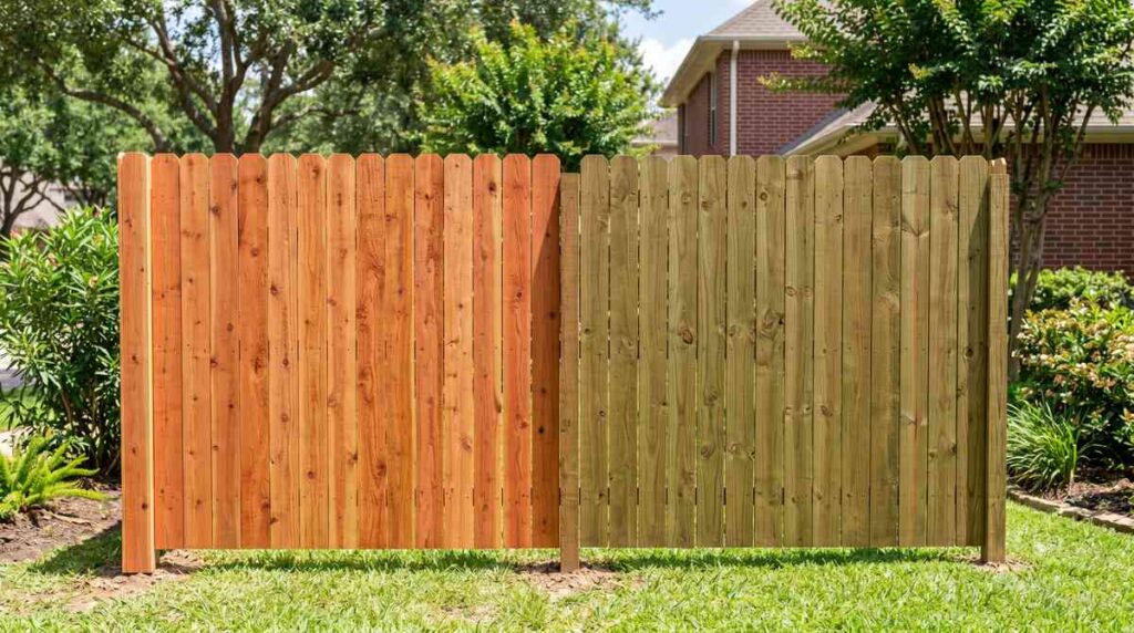 Cedar fence panel compared to pressure-treated pine fence panel in Houston Texas