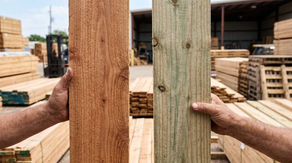 Cedar fence board compared to pressure-treated pine board close-up