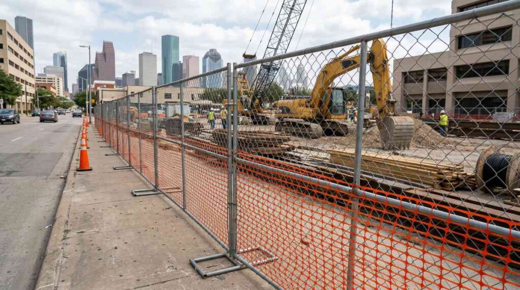 Temporary chain link fence panels around a Houston Texas construction site