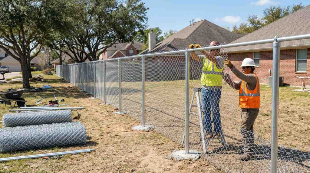 Chain link fence installation in progress at a Houston Texas property