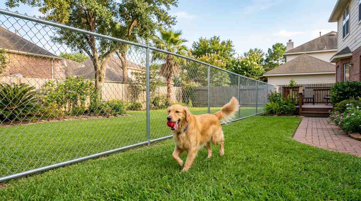 Dog playing safely behind a chain link fence in a Houston Texas backyard
