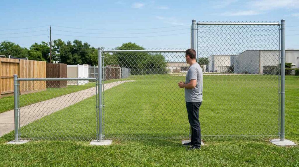 Chain link fences of different heights compared at a Houston Texas fence display