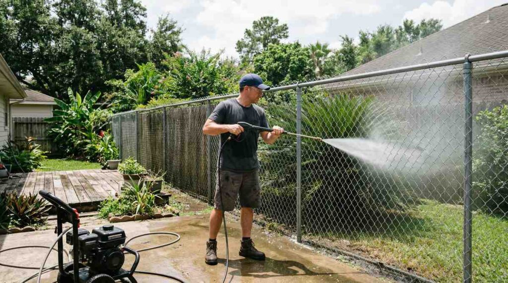 Cleaning a chain link fence with a pressure washer in Houston Texas