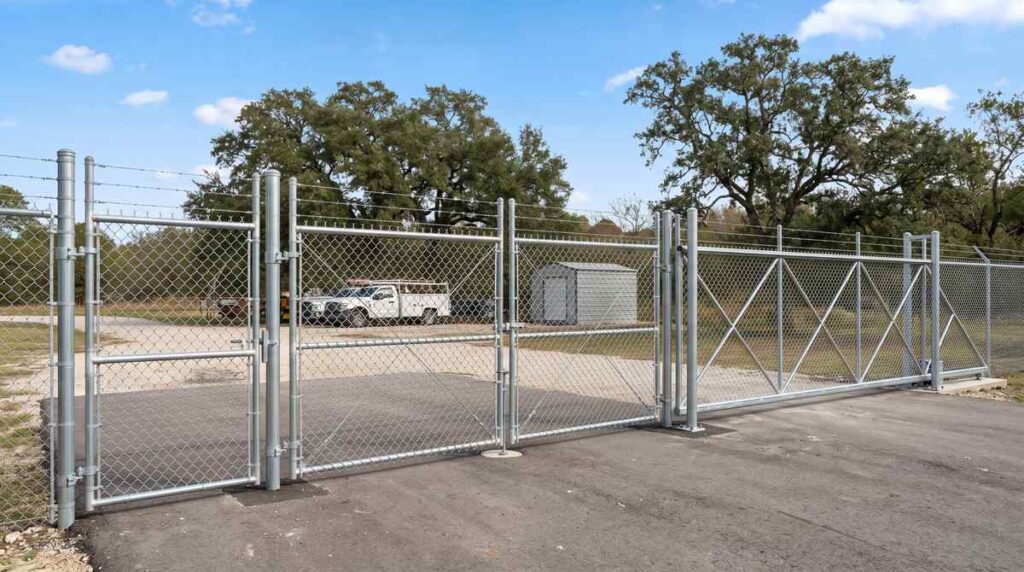 Chain link fence gate options including walk-through and double swing gates in Houston Texas