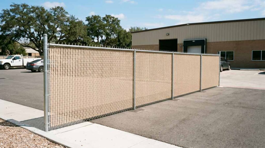 Chain link fence with beige privacy slats at a Houston Texas commercial property