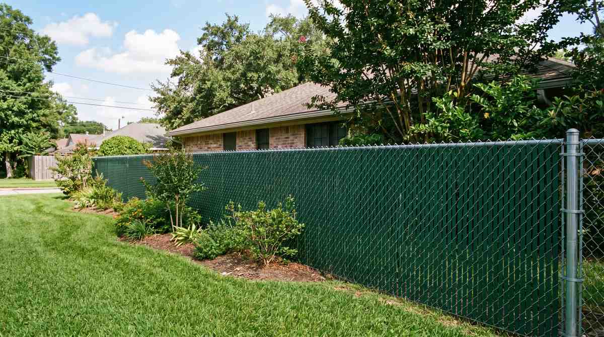 Chain link fence with green privacy slats in a Houston Texas residential yard