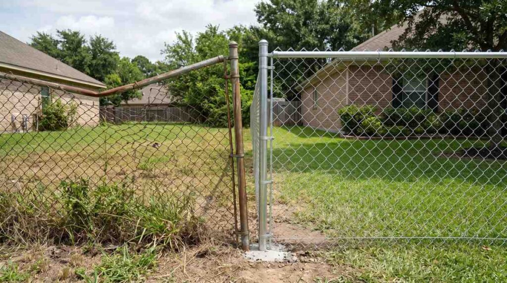 Damaged chain link fence section next to a repaired section in Houston Texas