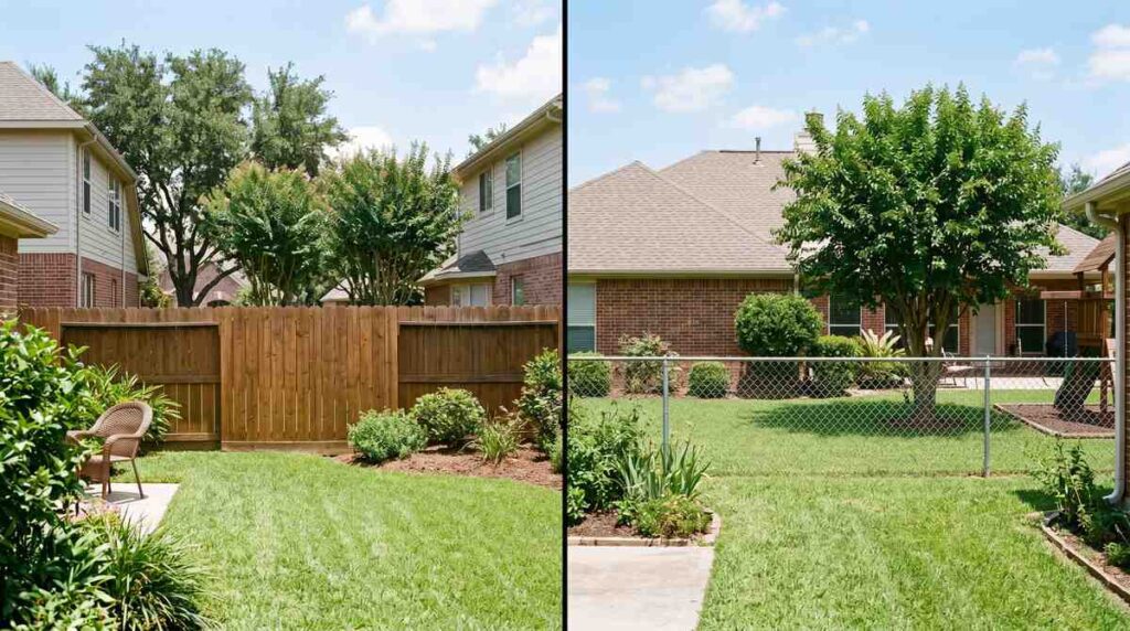Wood privacy fence compared to chain link fence in Houston Texas residential yards