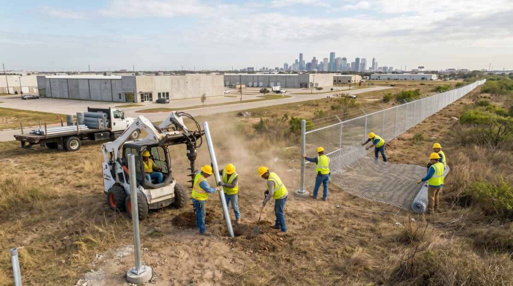 Commercial fence installation crew at a Houston Texas business park