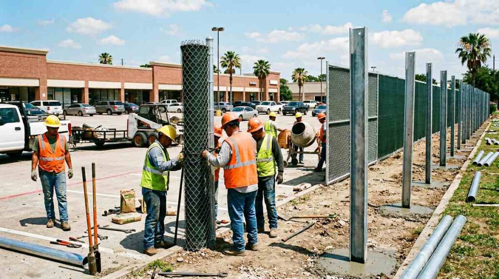 Commercial fence installation at a Houston Texas shopping center