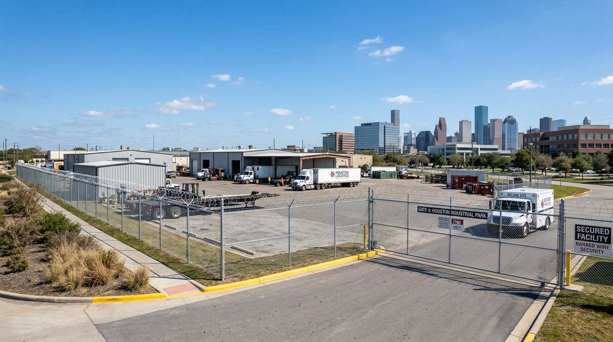 Commercial chain link security fence around Houston Texas industrial business property with skyline