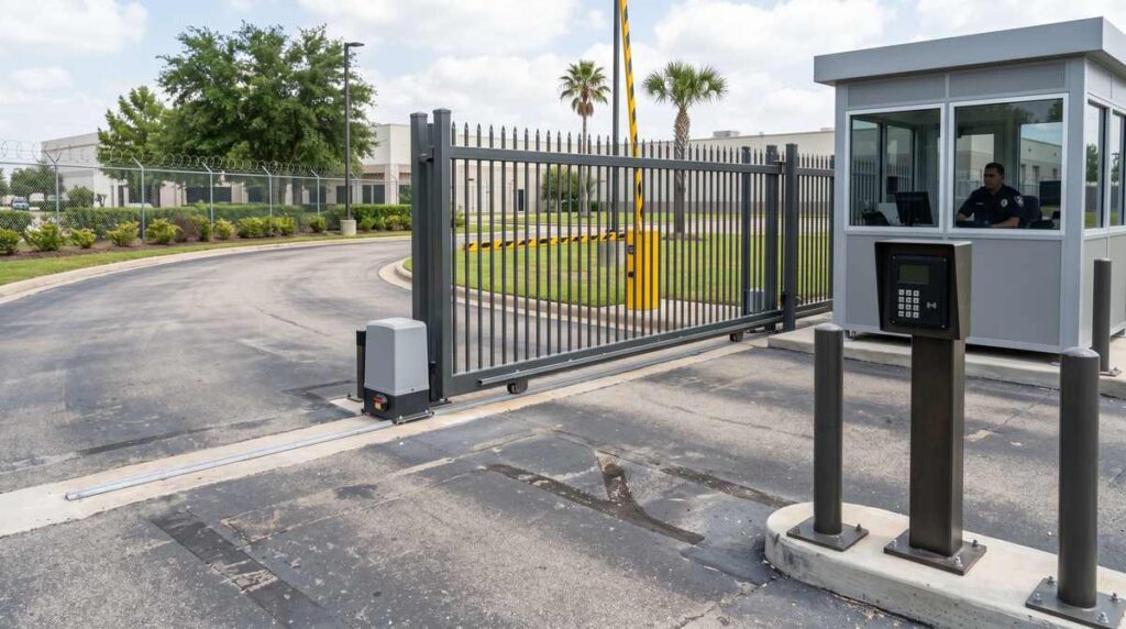Automated commercial gate with access control at a Houston Texas business entrance