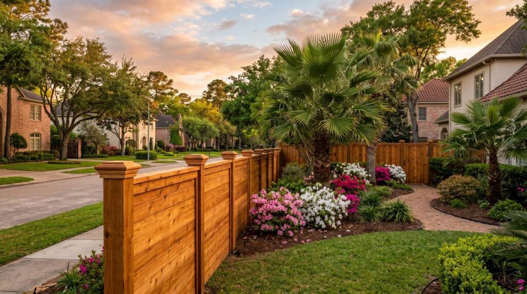 Custom-built cedar privacy fence in a Houston, TX neighborhood