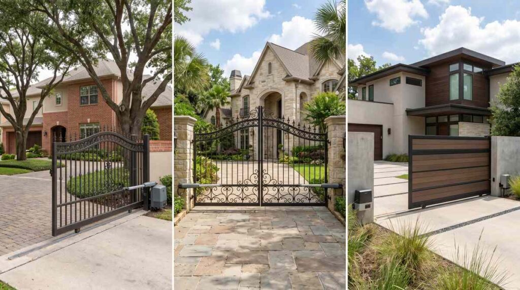 Different driveway gate styles including sliding, swing, and modern in Houston Texas