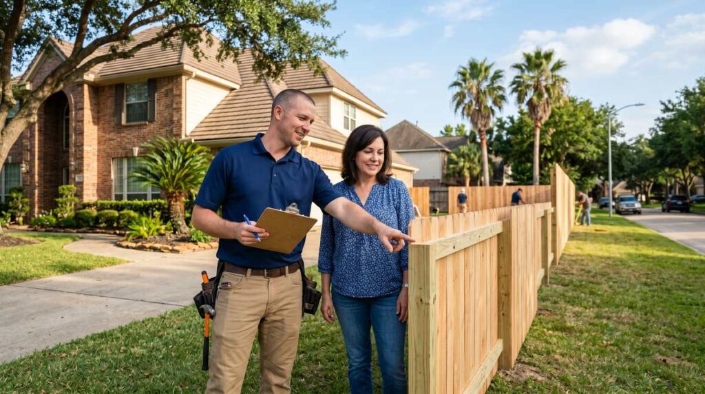 Fence contractor consulting with homeowner outside a Houston, TX home