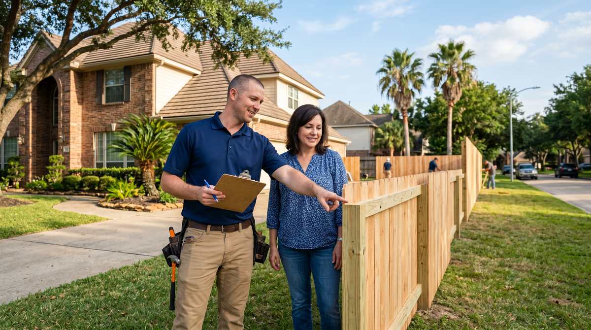 Fence contractor consulting with homeowner outside a Houston, TX home