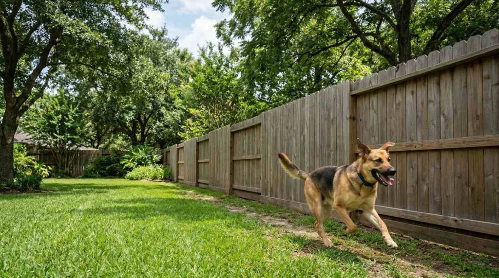 Large dog safely contained behind a tall wood privacy fence in Houston Texas
