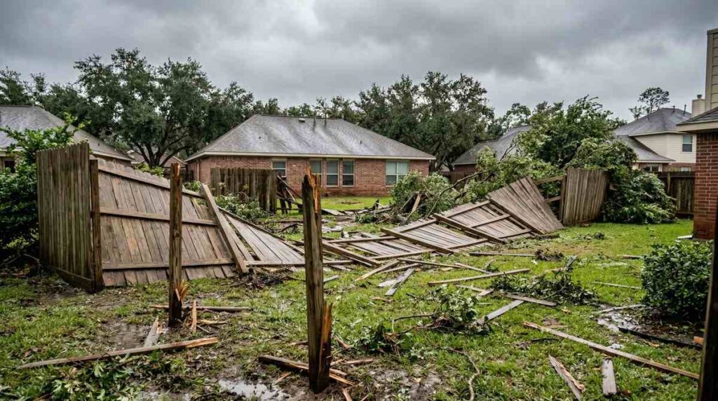 Hurricane-damaged wood fence fallen over in a Houston Texas backyard
