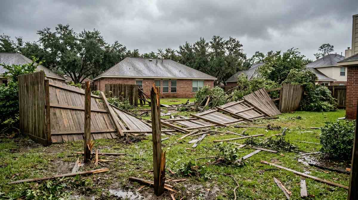 Hurricane-damaged wood fence fallen over in a Houston Texas backyard