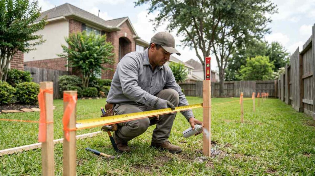 Fence installer measuring post locations for new fence in Houston Texas backyard
