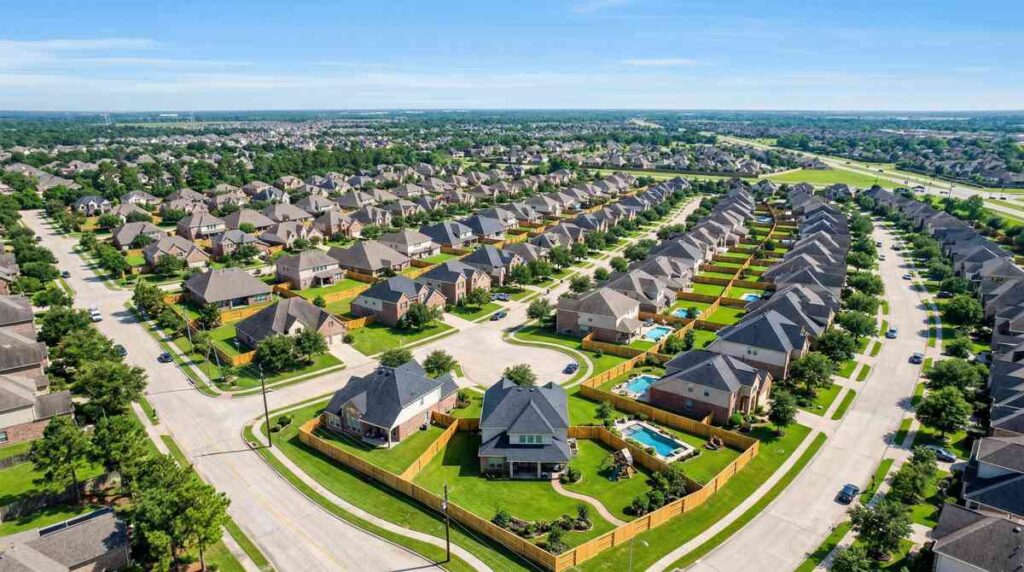 Aerial view of Houston Texas residential neighborhood with wooden privacy fences around backyards