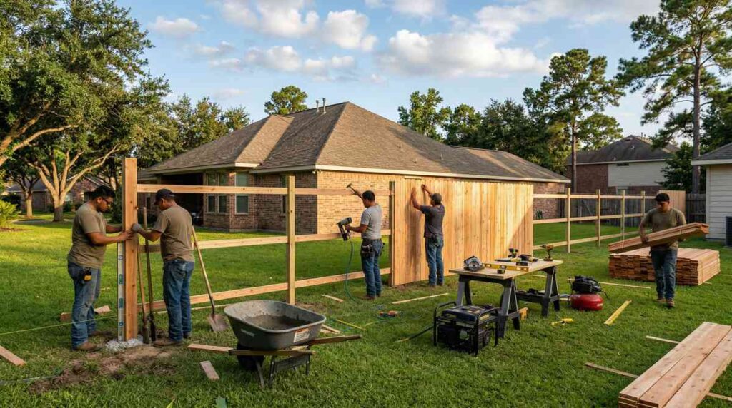 Professional fence installation crew working on a new wood fence in a Houston Texas residential backyard