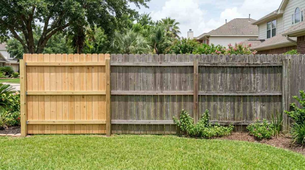 Wood fence aging progression from new to fifteen years old in Houston Texas