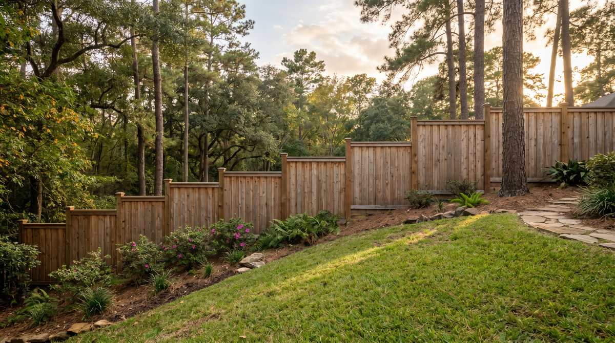 Stepped wood privacy fence installed on a sloped backyard in Houston, TX