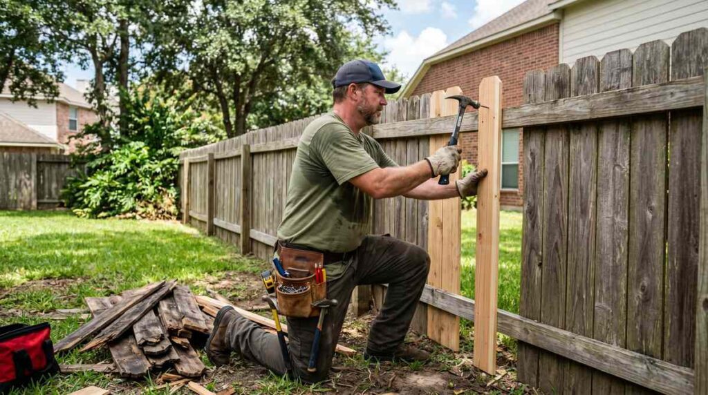Fence repair professional replacing damaged wood pickets in Houston Texas