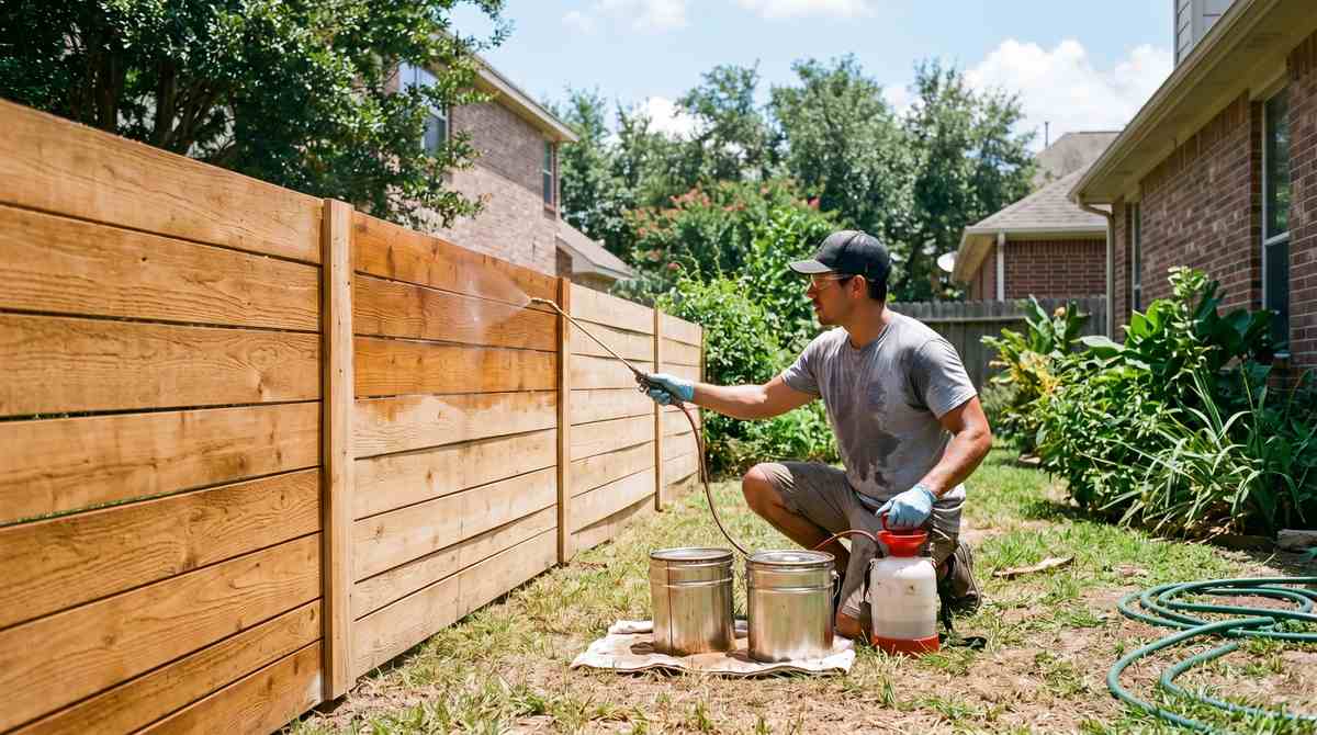 Applying wood stain to a cedar fence in Houston Texas summer heat