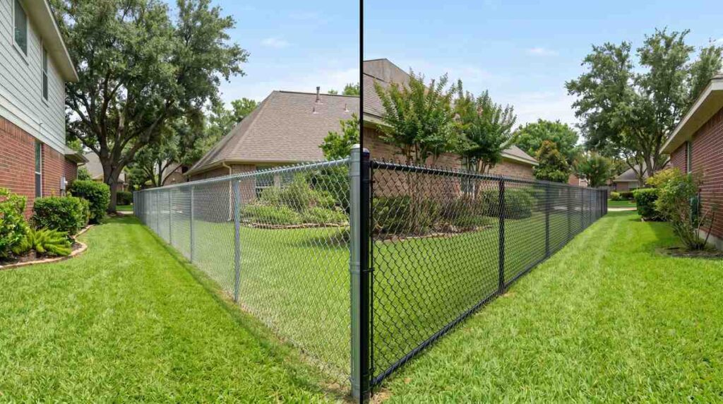 Galvanized chain link fence compared to black vinyl-coated chain link fence in Houston Texas
