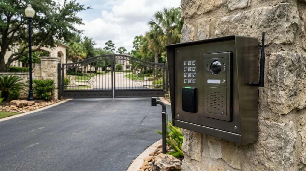 Gate access control system with keypad and camera at a Houston Texas gated community