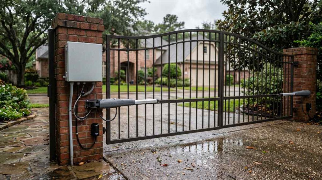 Automatic driveway gate opener with safety sensors at a Houston, Texas home