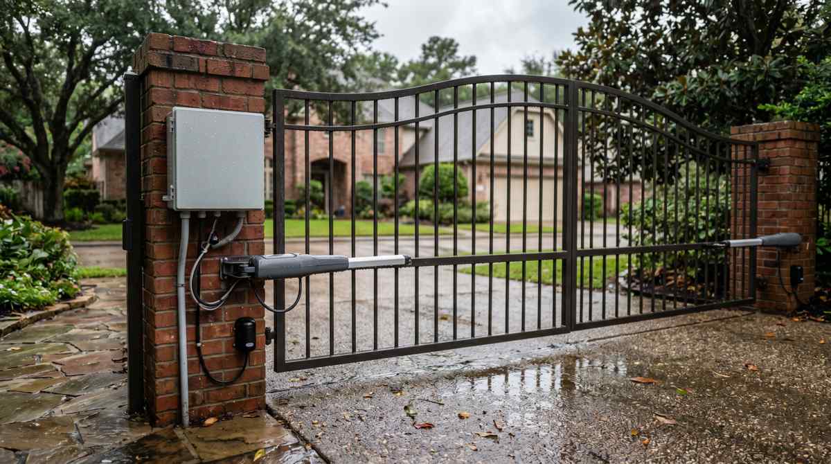 Automatic driveway gate opener with safety sensors at a Houston, Texas home