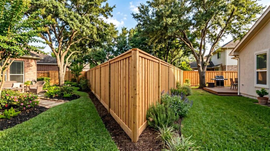 Shared good neighbor wood privacy fence between two Houston, TX backyards