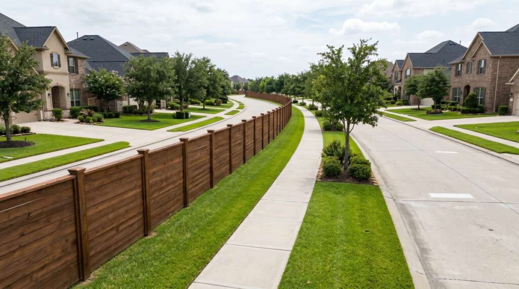 Matching wood privacy fences in a Houston Texas HOA planned community
