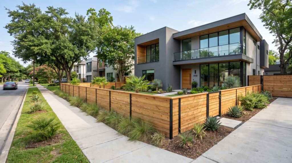 Modern horizontal slat wood fence with contemporary design in Houston Texas