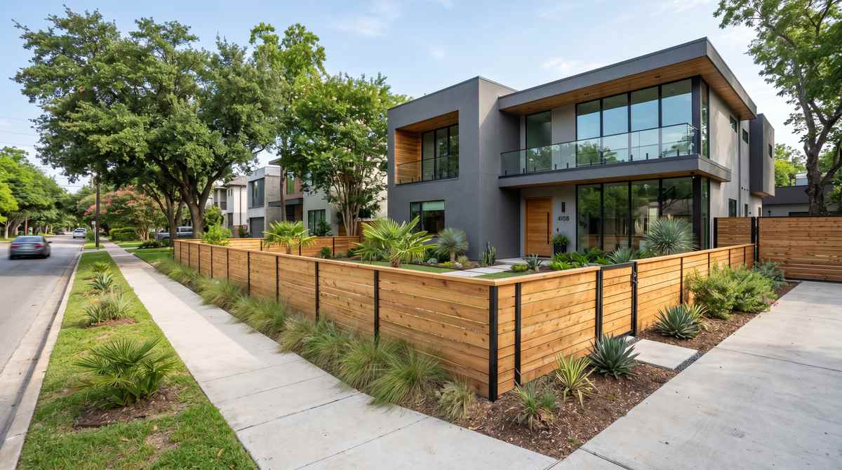 Modern horizontal slat wood fence with contemporary design in Houston Texas